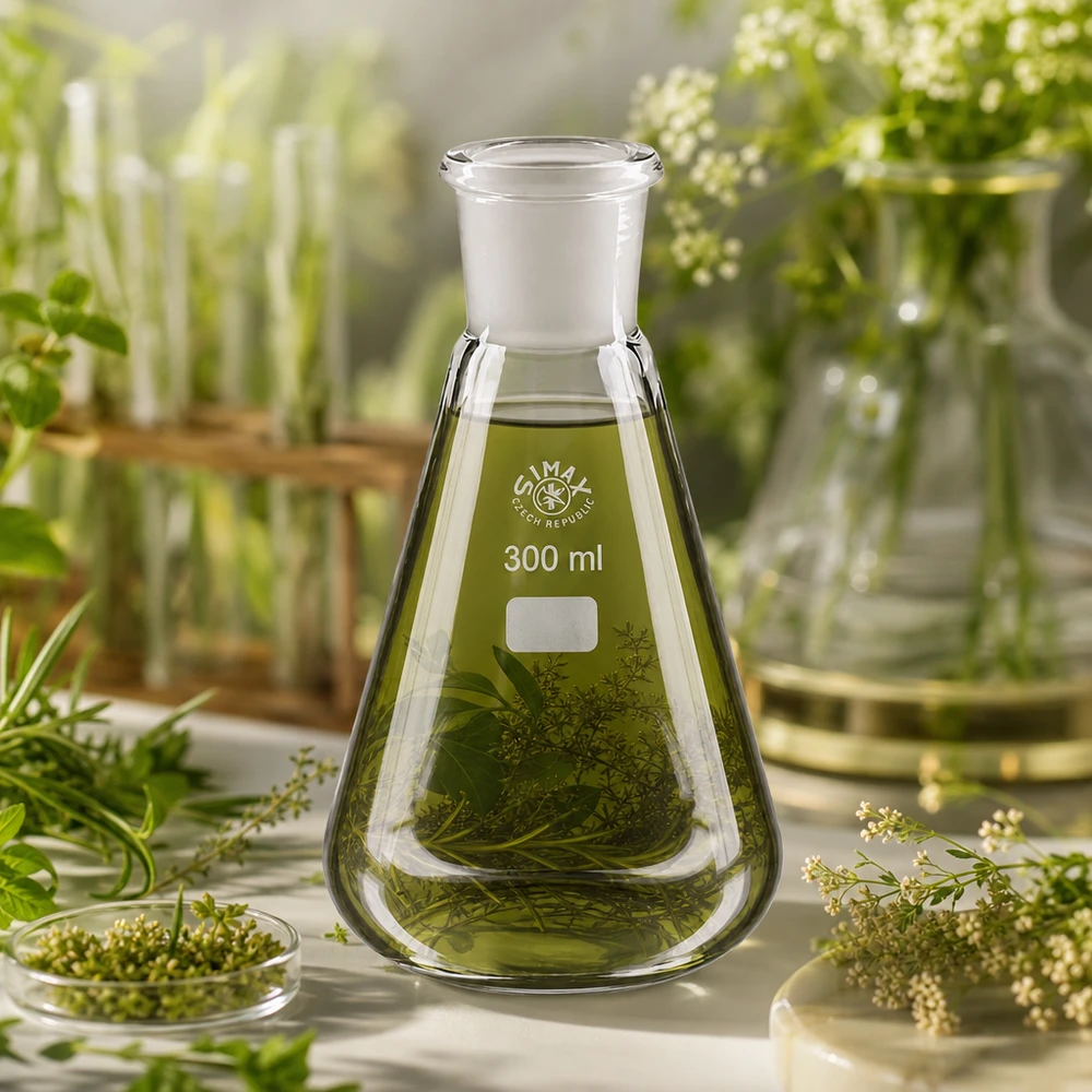 Erlenmeyer-kolbe 300 ml med standard slebet led (29/32) Erlenmeyer-kolbe 300 ml med grønne urter og planteekstrakter til botaniske laboratorieforsøg