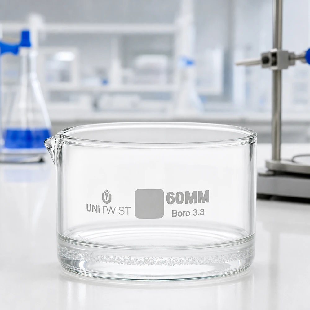 Krystalliseringsskål ø60mm borosilikatglas UNiTWIST Krystalliseringsskål af borosilikatglas, 60 mm, UNiTWIST Boro 3.3, på hvid laboratorieoverflade