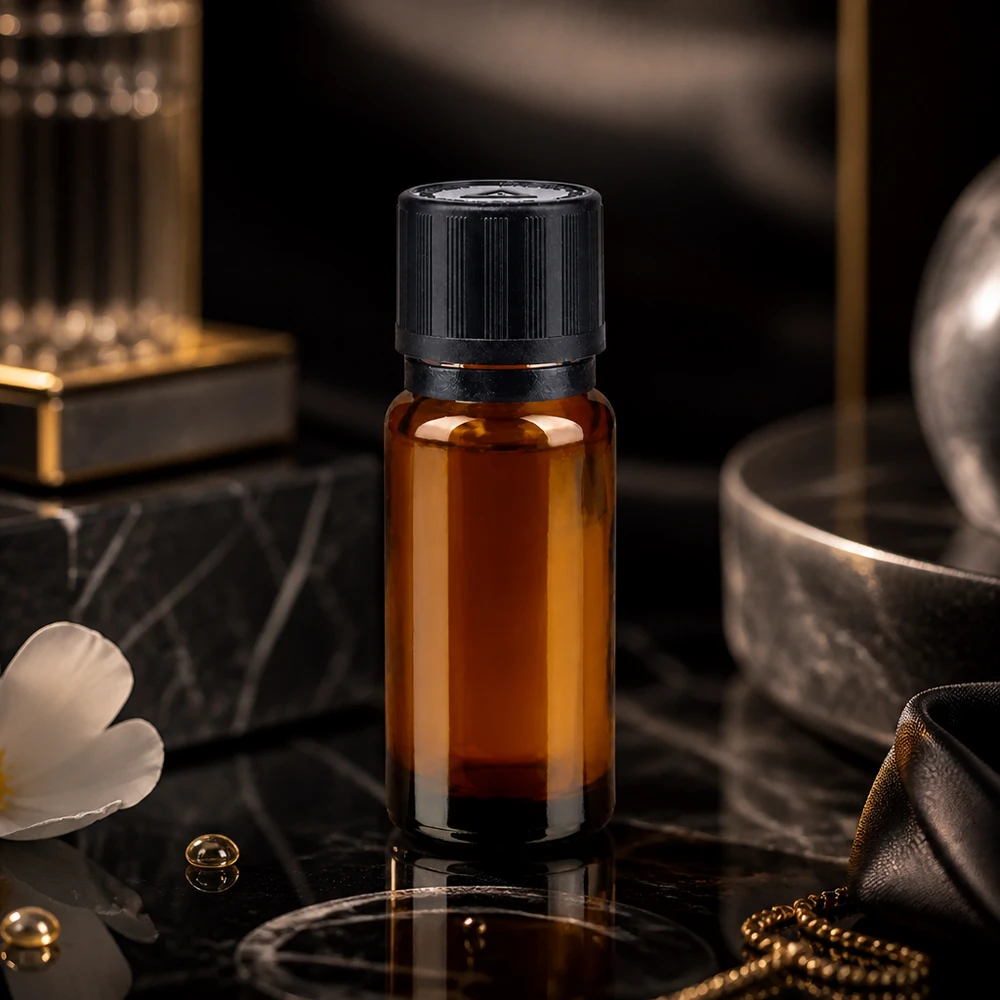 Elegant 10 ml dråbeflaske af brunt glas med sort originalitetslukning på sort marmor
