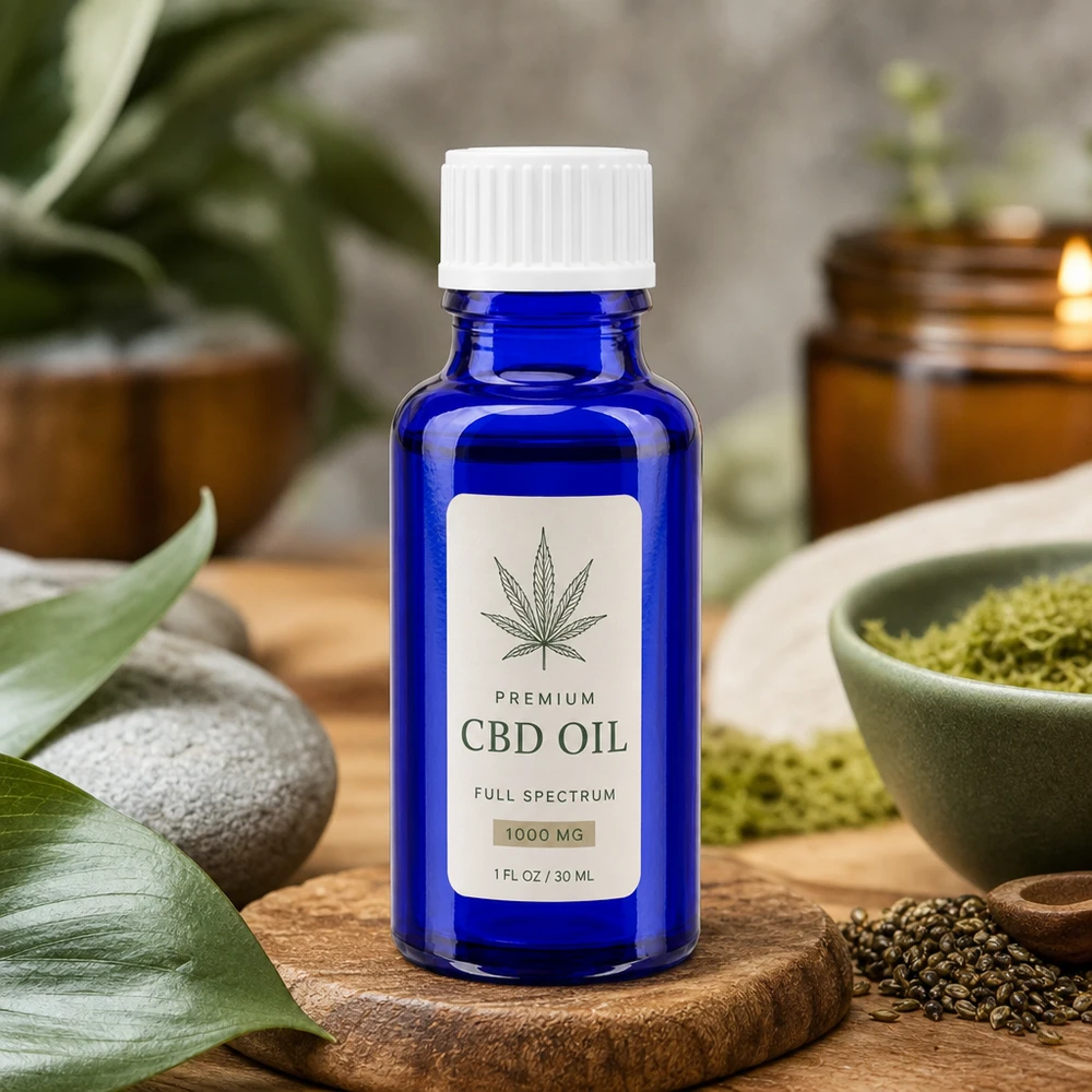 Lille blå glasflaske på 20 ml med hvid sikkerhedslåg til påfyldning af CBD-olie