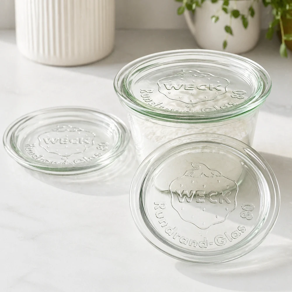 WECK glaslåg RR80 WECK Glasdeckel RR80 Set mit drei Deckeln auf weißer Oberfläche in moderner Küche für stylische Aufbewahrung
