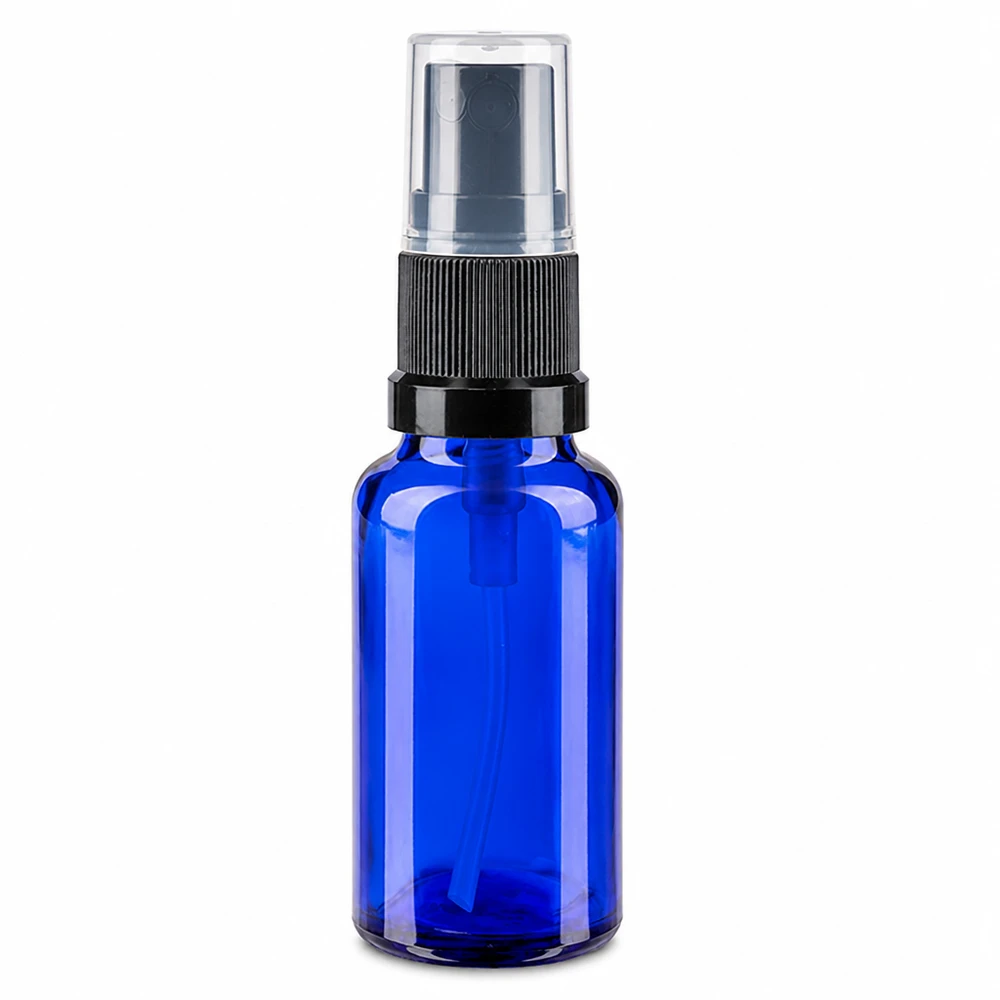 Apotekerflaske blå 20 ml spraytilbehør sort 20 ml blå glasflaske med sprøjtefunktion, sort pumpe og gennemsigtig beskyttelseskappe