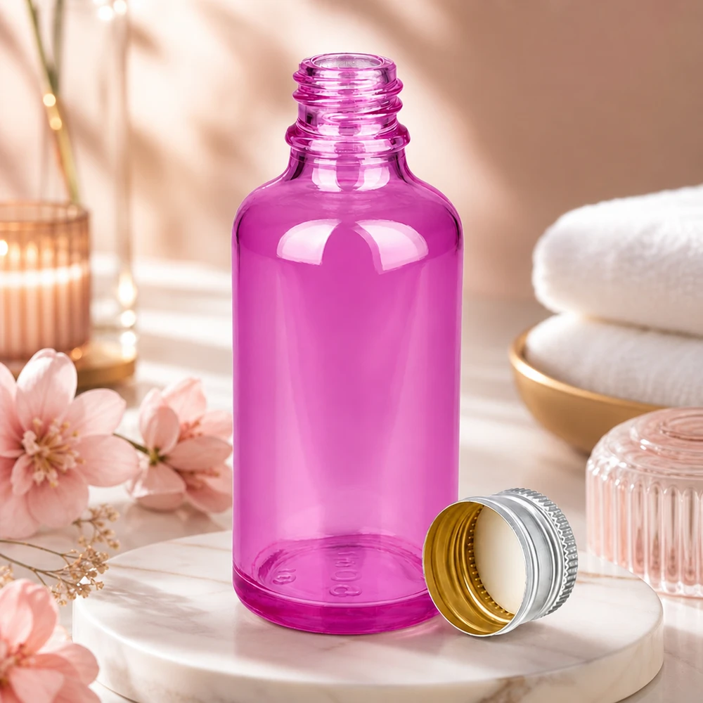 50 ml flaske 11 mm skruelåg aluminium-sølv standard PurpleLine.UT18/50 Elegant 50 ml dråbeflaske i lilla glas med aluminium-sølv-skruelåg af høj kvalitet