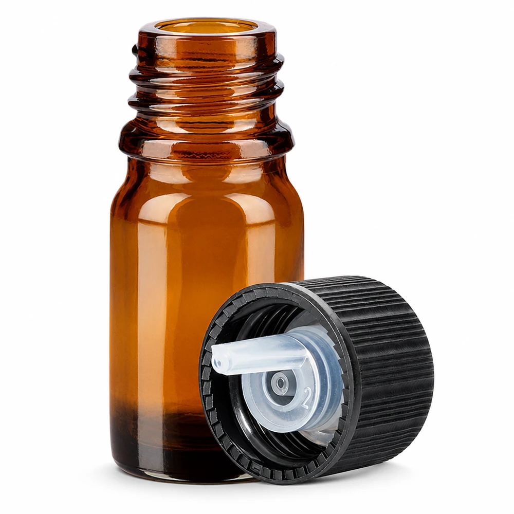 5ml Dropperflaske 1mm sort STD BrownLine UT18/5 Brun glasflaske 5 ml med 1 mm dråbeåbning til æteriske olier og tinkturer