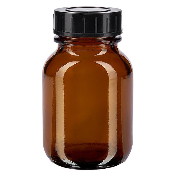 50 ml flaske med bred hals i ravfarvet glas med skruelåg