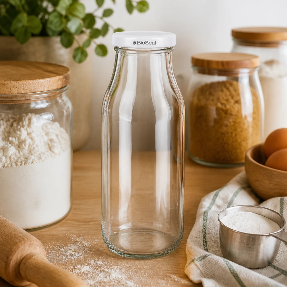 UNiTWIST Bottle263 med hvidt låg TO43 BioSeal UNiTWIST Bottle263 glasflaske tom i køkkenmiljø med opbevaringsskabe i træ og køkkenredskaber