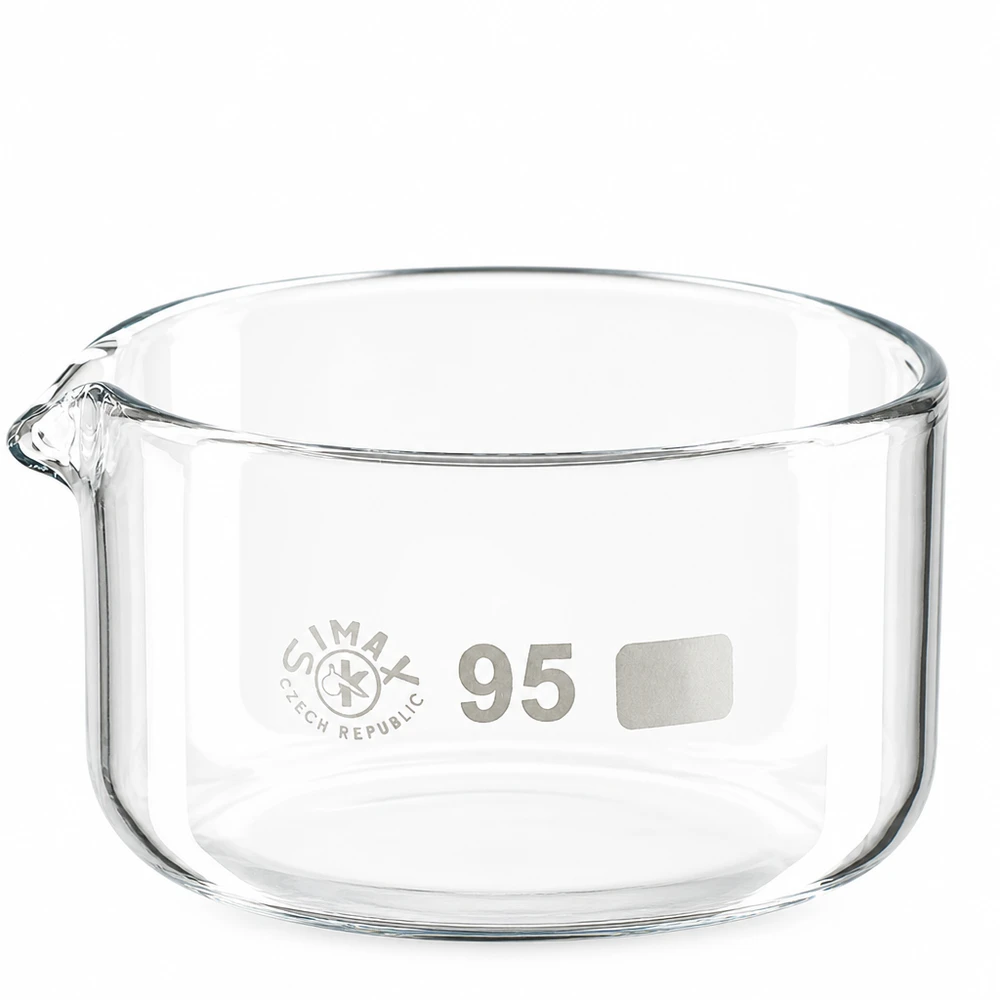 Krystalliseringsskål 300 ml med borosilikat-tud Krystalliseringsskål på 300 ml af borosilikatglas med tud, diameter 95 mm, fra SIMAX
