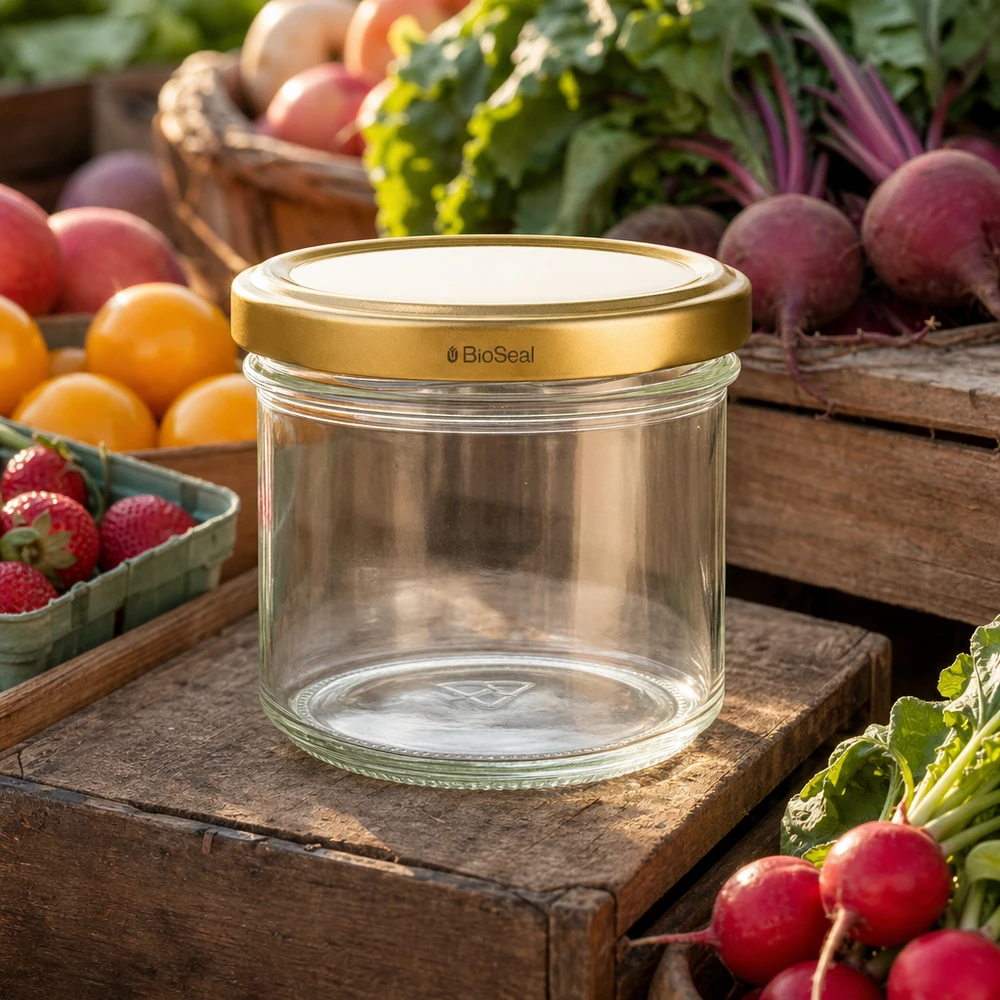UNiTWIST Lintel125 med guld. Dæksel TO66 BioSeal UNiTWIST 125ml Einmachglas leer mit goldenem TO66 Deckel - umgeben von frischem Gemüse und Obst auf Holzbrett