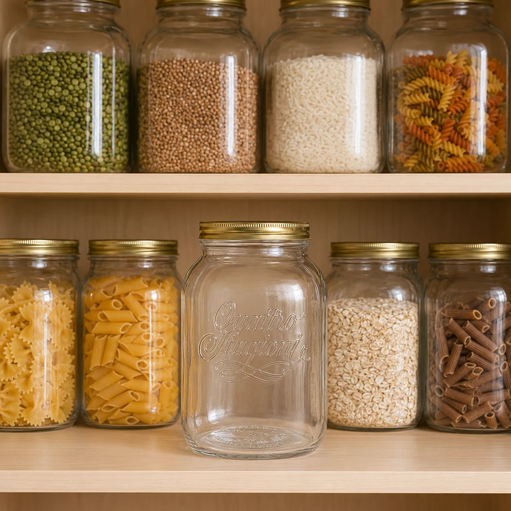 3000 ml rundt glas "Quattro Stagioni" med låg 3000 ml Quattro Stagioni-krukke i organiseret opbevaringsskab med pasta, ris og bælgfrugter viser praktisk opbevaringsplads.