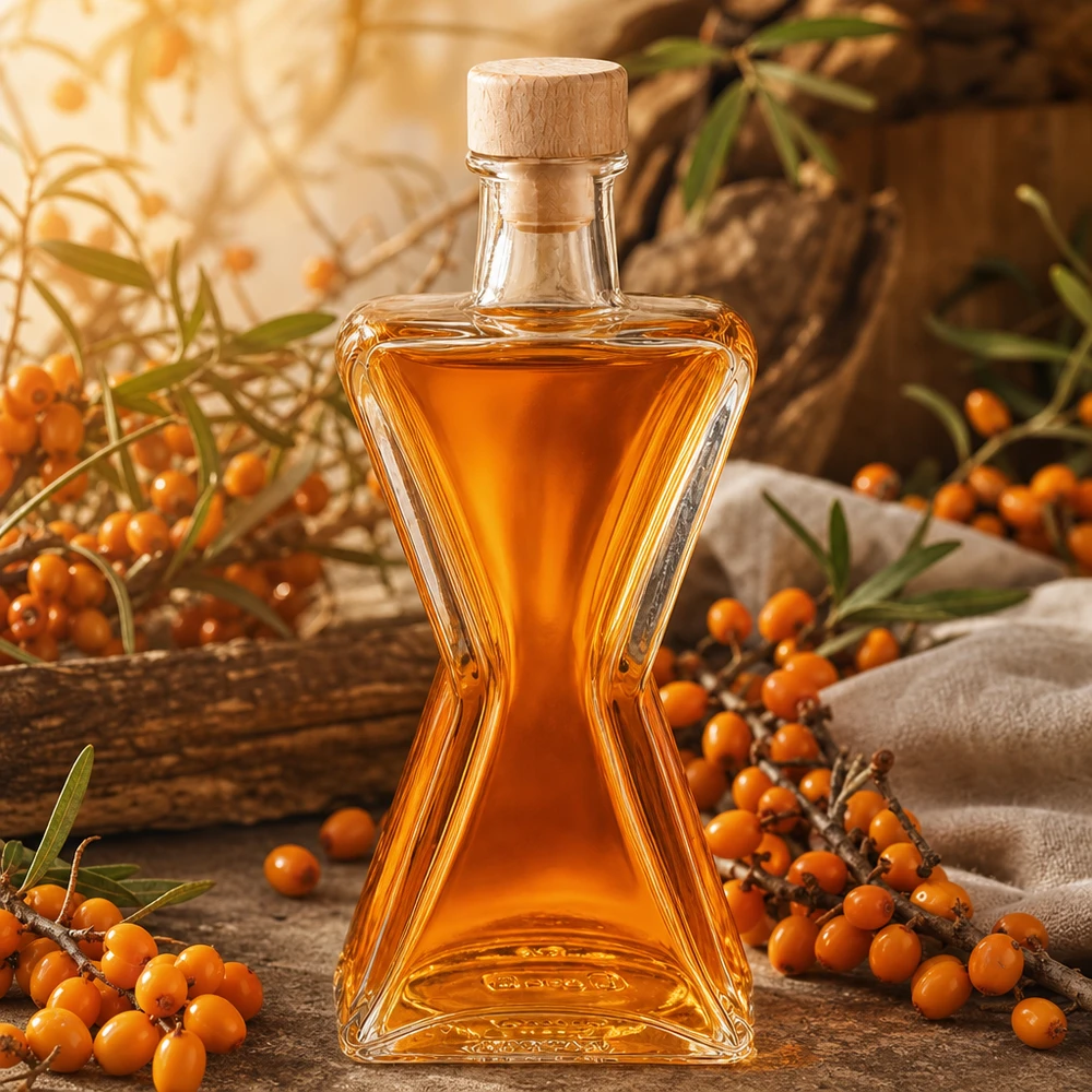 200 ml glasflaske »Star« med træhåndtag og prop UNiTWIST® 200ml Glasflasche Star mit Sanddornöl gefüllt - Holzkorken UNiTWIST perfekt für Kräuteröle und Essenzen