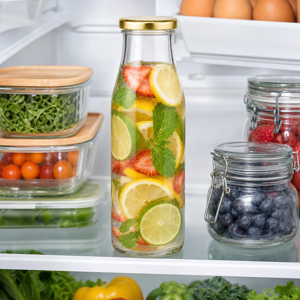 500 ml glasflaske + BasicSeal-låg guld UNiTWIST. Absolut lækagesikker med stort TO48-låg. Til mælk, juice og limonade. 500 ml glasflaske BasicSeal gold fyldt med frugtvand citron jordbær mynte i det åbne køleskab