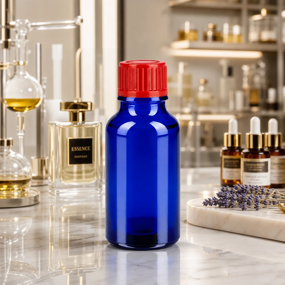 20 ml flaske 11 mm SV rød STD BlueLine UT18/20 Medicinflaske 20 ml lavet af UV-beskyttende koboltblåt glas med rød sikkerhedshætte