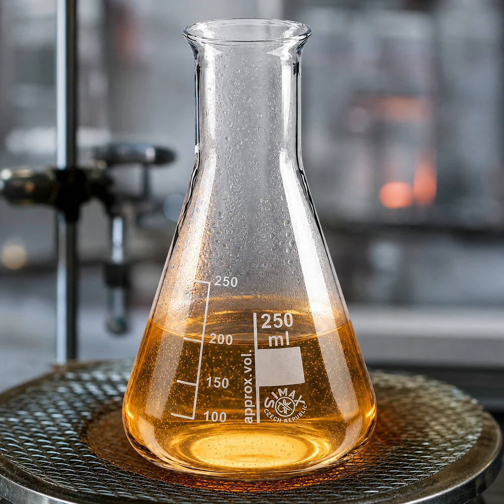 Varmebestandig Erlenmeyer-kolbe 250 ml af borosilikatglas med ravfarvet opløsning