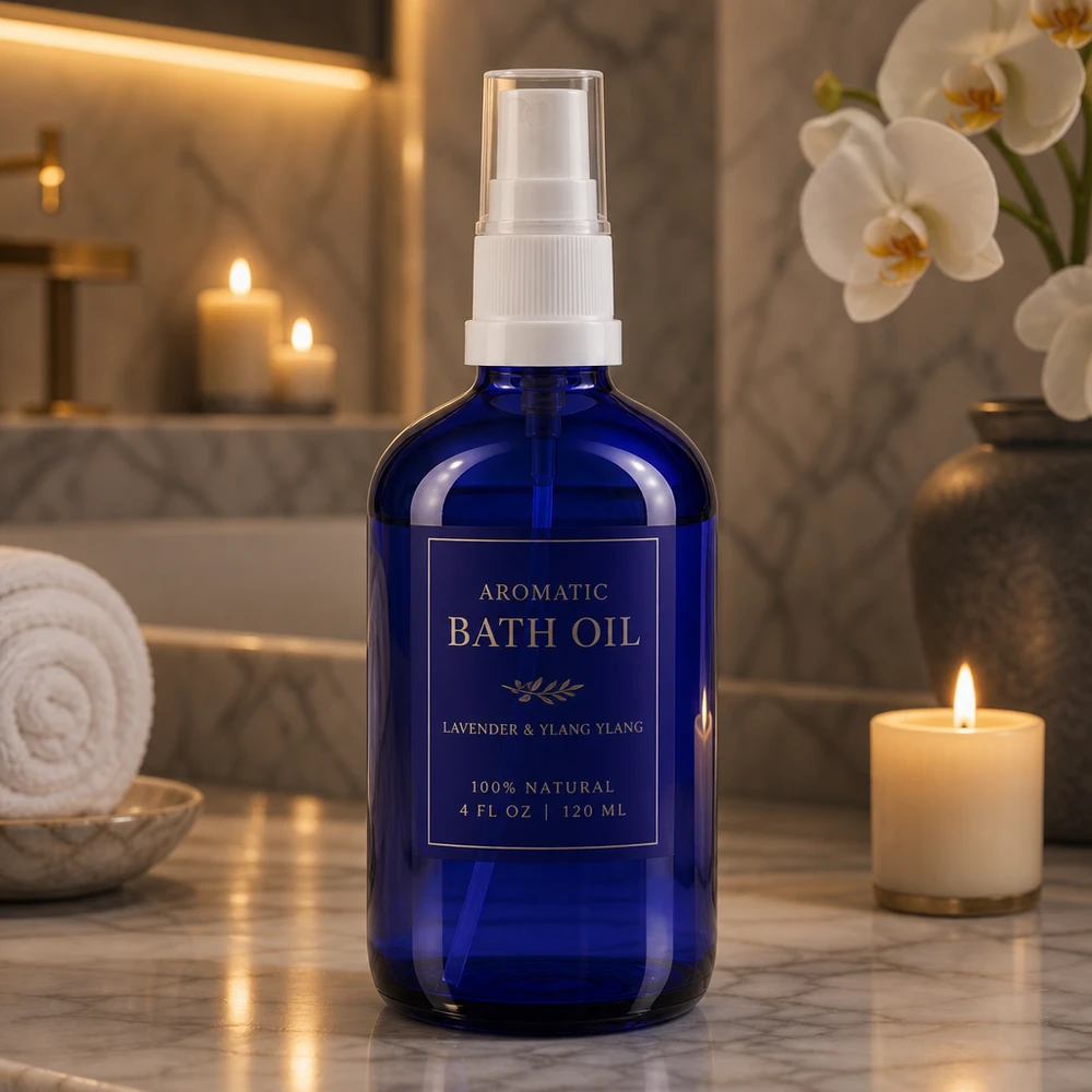 Apotekerflaske blå 100 ml spraytilbehør hvid Blå 100 ml sprayflaske af UV-beskyttende glas med hvidt pumpehoved til æteriske olier og aromaterapi