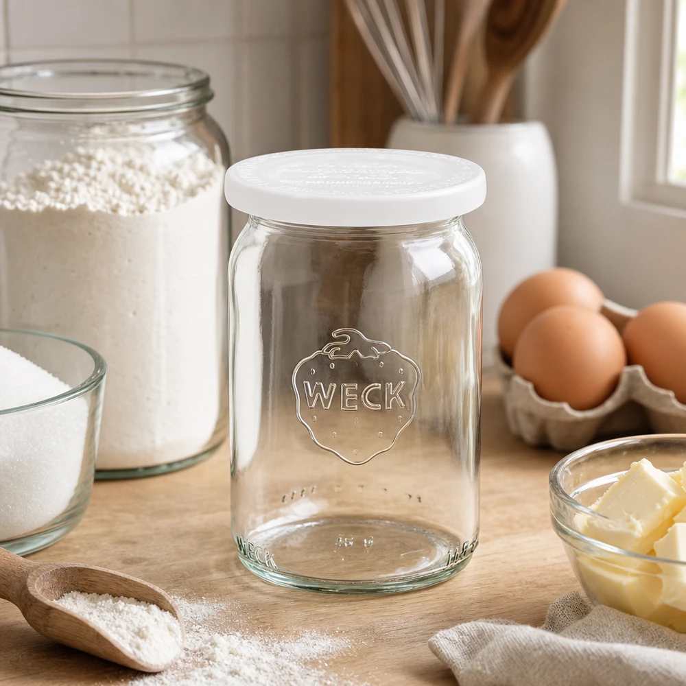 145 ml cylindrisk krukke med friskhedslåg. WECK RR40 WECK RR40 cylindrisk krukke 145 ml med hvidt låg på træplade ved siden af bageingredienser som æg, mel og smør