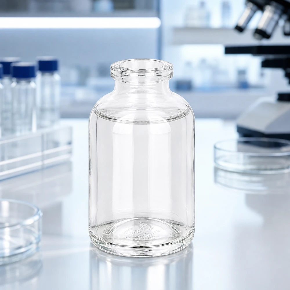 Injektionsflaske i klart glas 50 ml Kleines 50ml Laborgefäß aus Klarglas neben Petrischalen und Reagenzgläsern