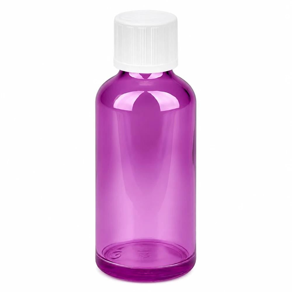 50 ml dråbeflaske 1,2 mm hvid Standard børnesikret PurpleLine.UT18/50 50 ml plastdråbeflaske i lilla med hvidt skruelåg og 1,2 mm dråbeåbning