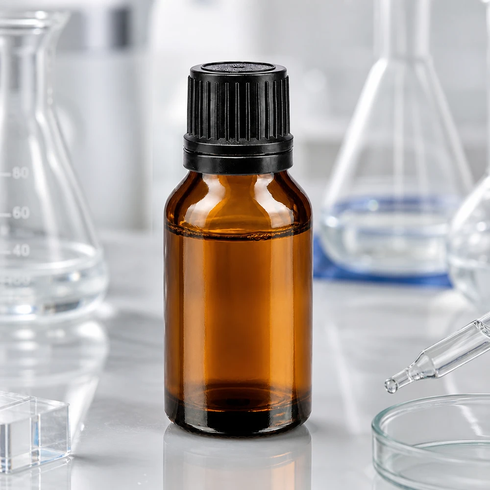 Apoteksflaske brun 15ml skruelåg sort hælde r. OV 15 ml brun glasflaske med sort skruelåg og hældering i laboratoriemiljøet