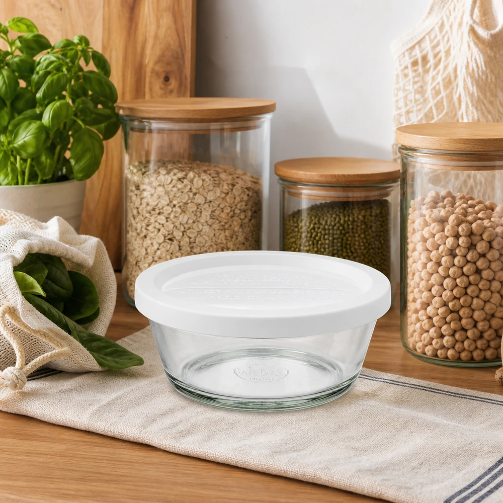 300 ml gourmetglas med fres. WECK RR120 WECK RR120 Gourmetglas 300ml mit weißem Deckel in natürlicher Küchenumgebung mit Kräutern und Vorratsgläsern