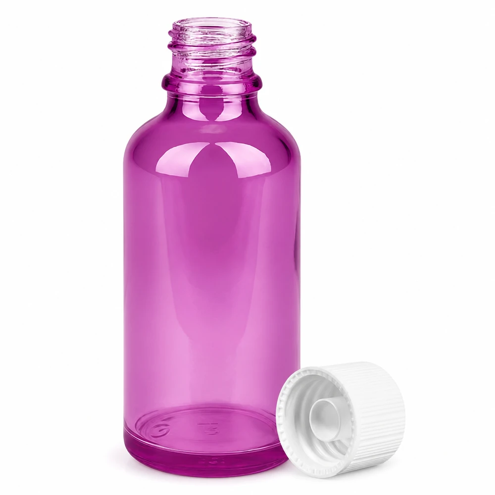 50 ml flaske 11 mm skruelåg hvid standard PurpleLine UT18/50 Lille 50 ml dråbeflaske i lilla glas med 11 mm åbning til æteriske olier og serum.