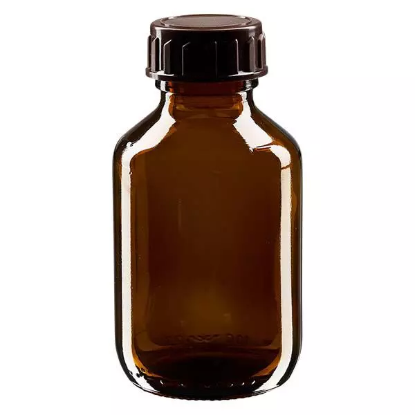 100 ml medicinflaske brun, med låg af brun ApoGlas. Farmaceutisk kvalitet fra EU-produktion. 28 mm (PP28) gevind. (sirup, let glasflaske) 100 ml medicinflaske brun, med låg af brun ApoGlas. Farmaceutisk kvalitet fra EU-produktion. 28 mm (PP28) gevind. (sirup, let glasflaske)