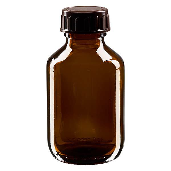 100 ml medicinflaske brun, med låg af brun ApoGlas. Farmaceutisk kvalitet fra EU-produktion. 28 mm (PP28) gevind. (sirup, let glasflaske) 100 ml medicinflaske brun, med låg af brun ApoGlas. Farmaceutisk kvalitet fra EU-produktion. 28 mm (PP28) gevind. (sirup, let glasflaske)