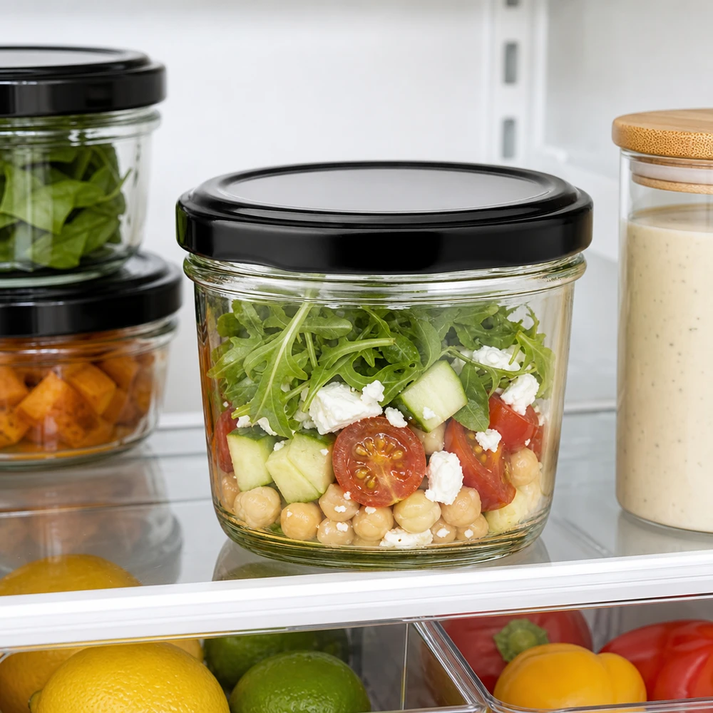 230 ml Briller med BasicSeal-låg sort UNiTWIST 230 ml glaskrukke med sort låg fyldt med frisk salat i køleskabet sikrer optimal friskhed