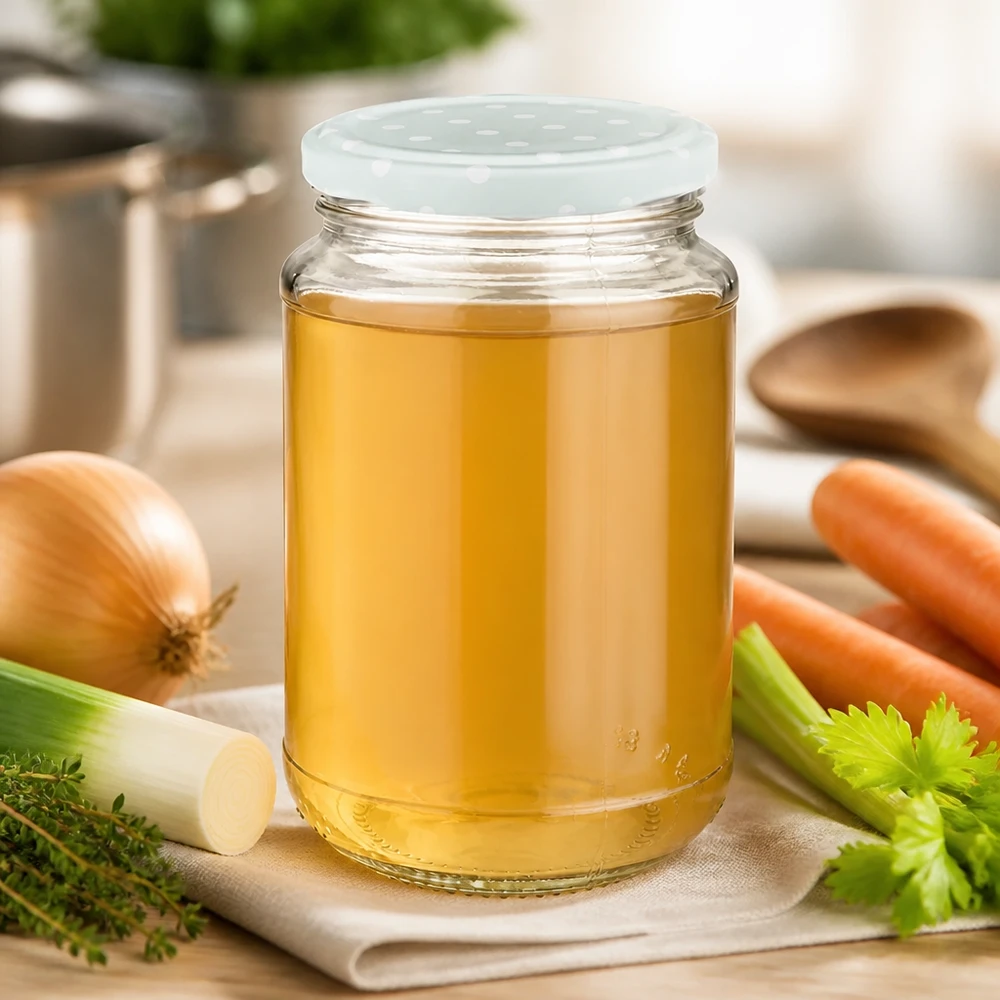 Hjemmelavet bouillon i et 320 ml rundt UNiTWIST-glas med BasicSeal-låg med prikmønster i mintgrøn, mat, ved siden af grøntsager