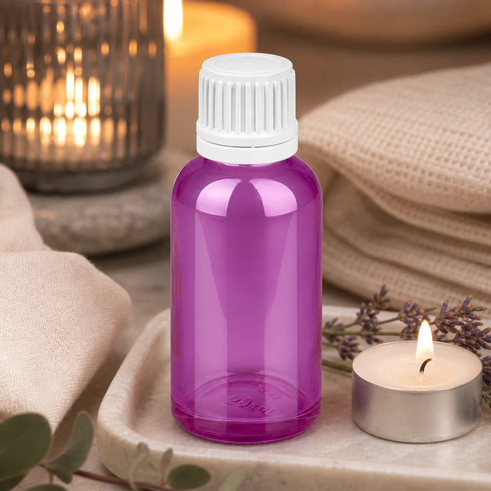 30 ml flaske 11 mm skruelåg hvid Originality skruelåg PurpleLine UT18/30 30 ml flaske med 11 mm skruelåg i lilla, perfekt til DIY-kosmetik og smagsblandinger