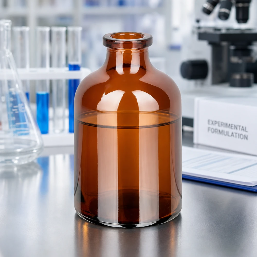 Injektionsflaske af ravfarvet glas 50 ml 50ml Injektionsvial Braunglas mit charakteristischer Taillierung und gerolltem Flaschenhals
