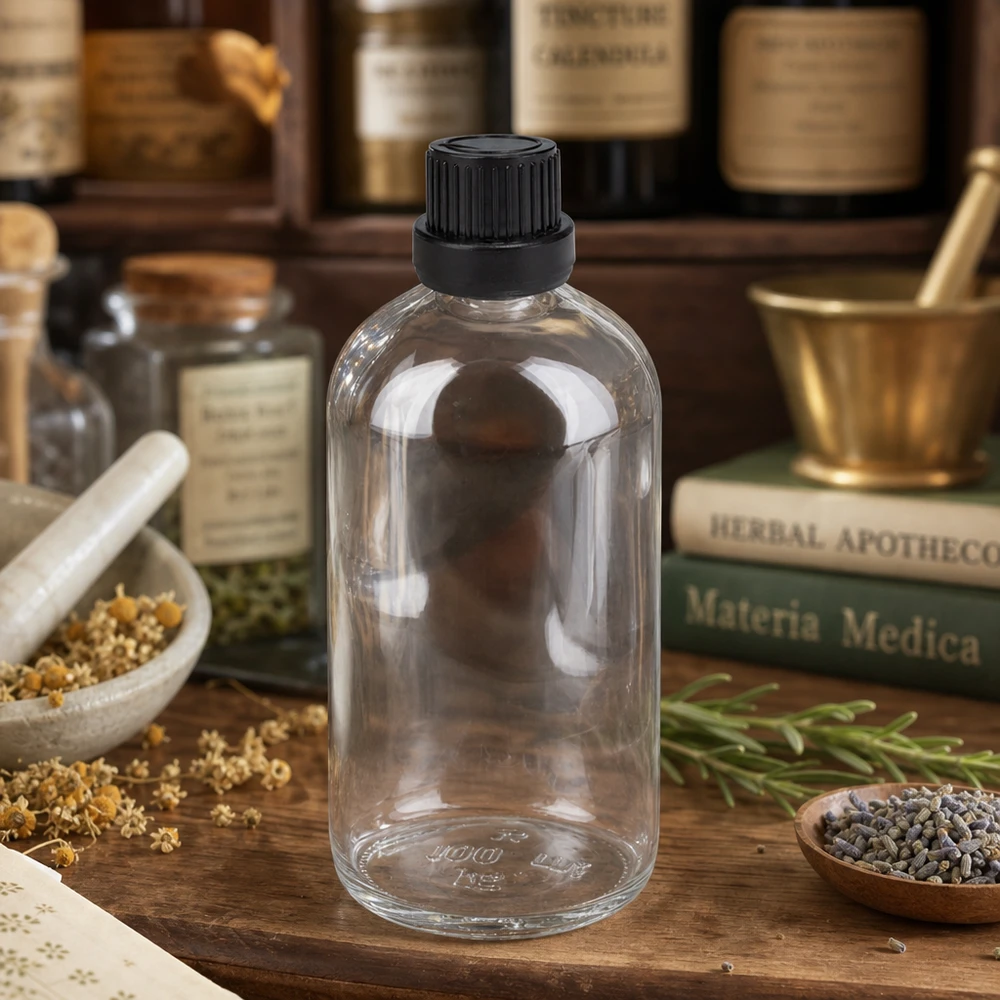 100 ml dråbeflaske 2 mm sort OV ClearLine UT18/100 100 ml apotekerflaske af klart glas med sort sikkerhedslåg til æteriske olier