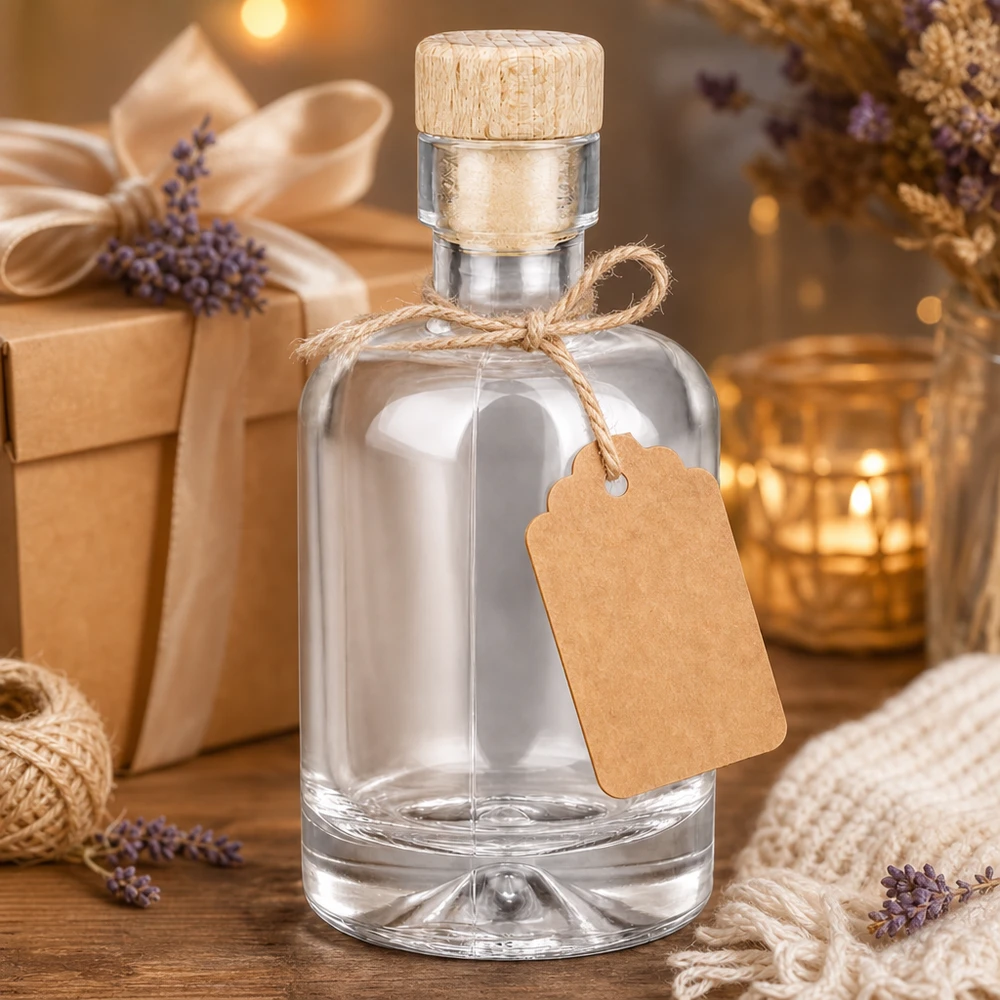 50 ml glasflaske Amelie med træhåndtag UNiTWIST 50 ml glasflaske Amelie som gavesæt dekoreret med lavendel kraftpapirvedhæng og varmt stearinlyslys