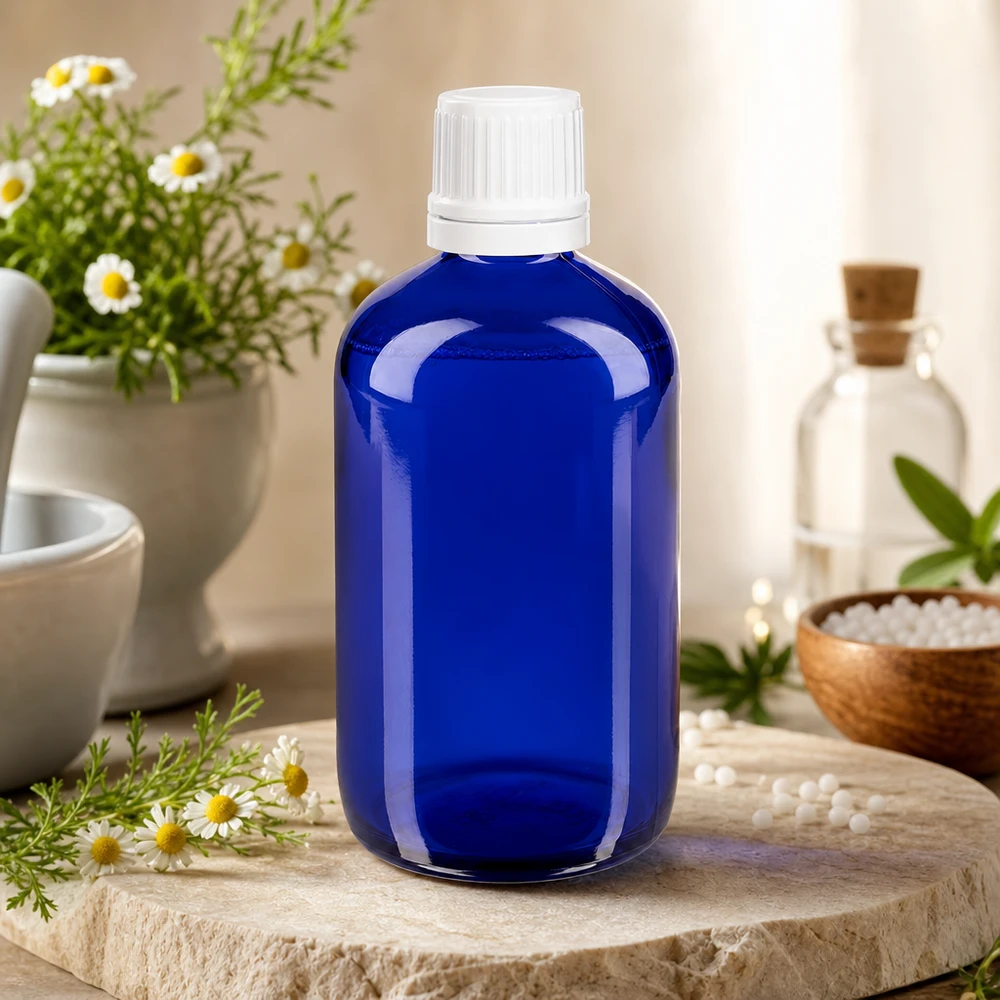 Blå glasflaske på 100 ml med hvid OV-lukning på natursten ved siden af kamilleblomster og homøopatiske kugler