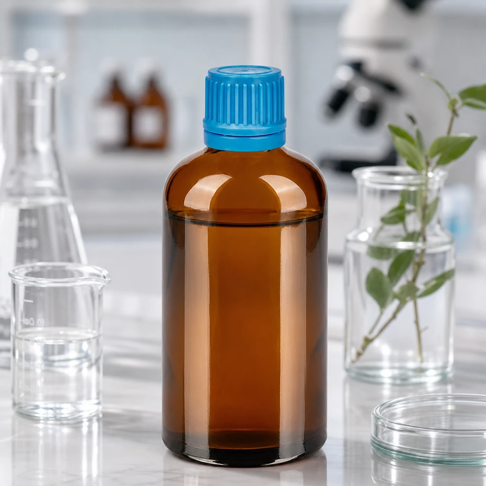 100 ml flaske 11 mm SV blå OV BrownLine UT18/100 100 ml glasflaske af høj kvalitet i brun med blåt sikkerhedsdæksel til farmaceutisk brug