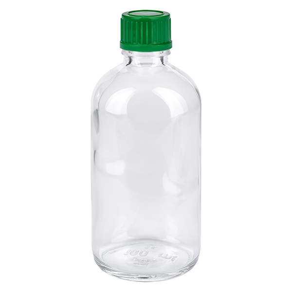 100 ml flaske 11 mm SV grøn STD ClearLine UT18/100 100 ml klar glasflaske med grøn skruelåg, 11 mm, ClearLine UT18/100