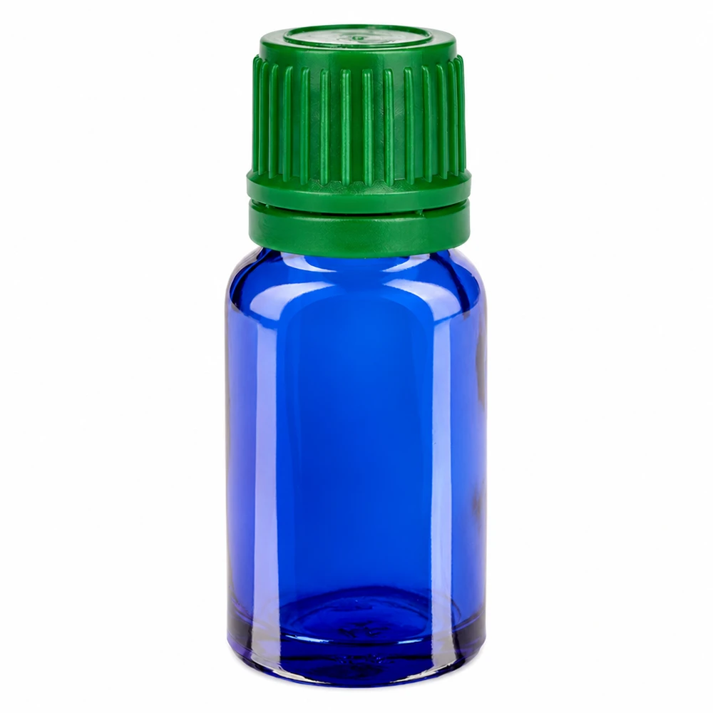 10 ml flaske 11 mm SV grøn OV BlueLine UT18/10 10 ml blå glasflaske med grønt skruelåg til æteriske olier og kosmetik