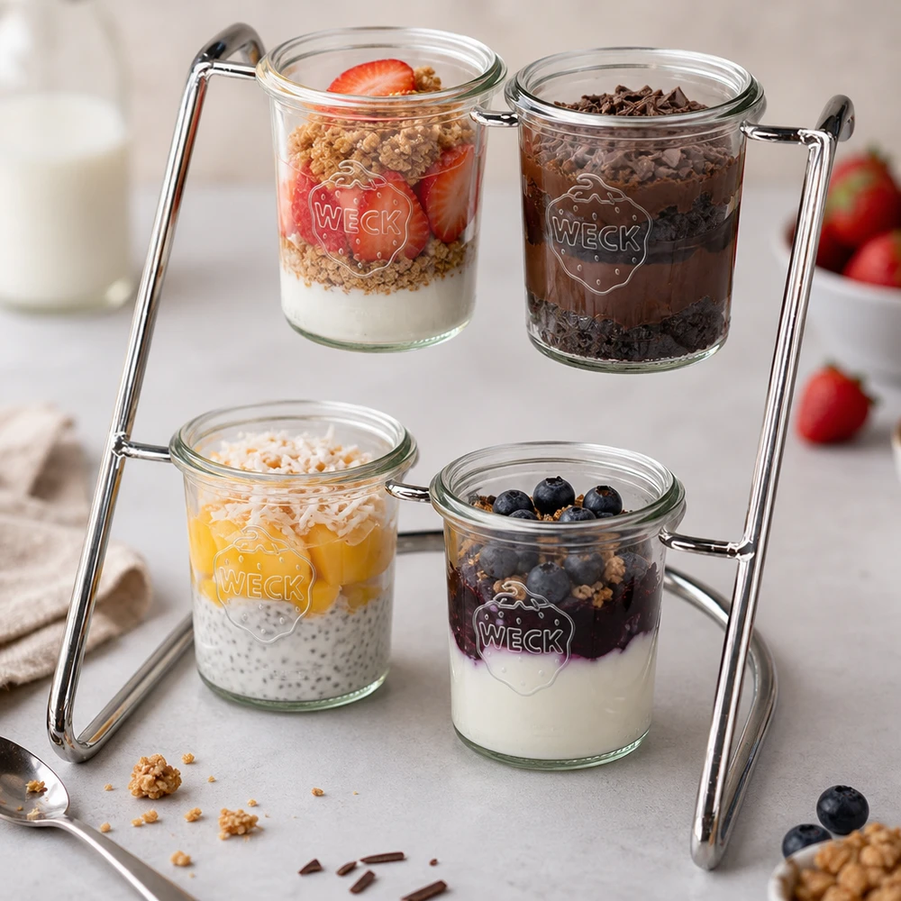 Serverstativ Flato4 til 4 WECK-glas Flato4 serveringsstativ med farverige desserter i WECK-bægre - yoghurt, bær og granola præsenteres appetitligt