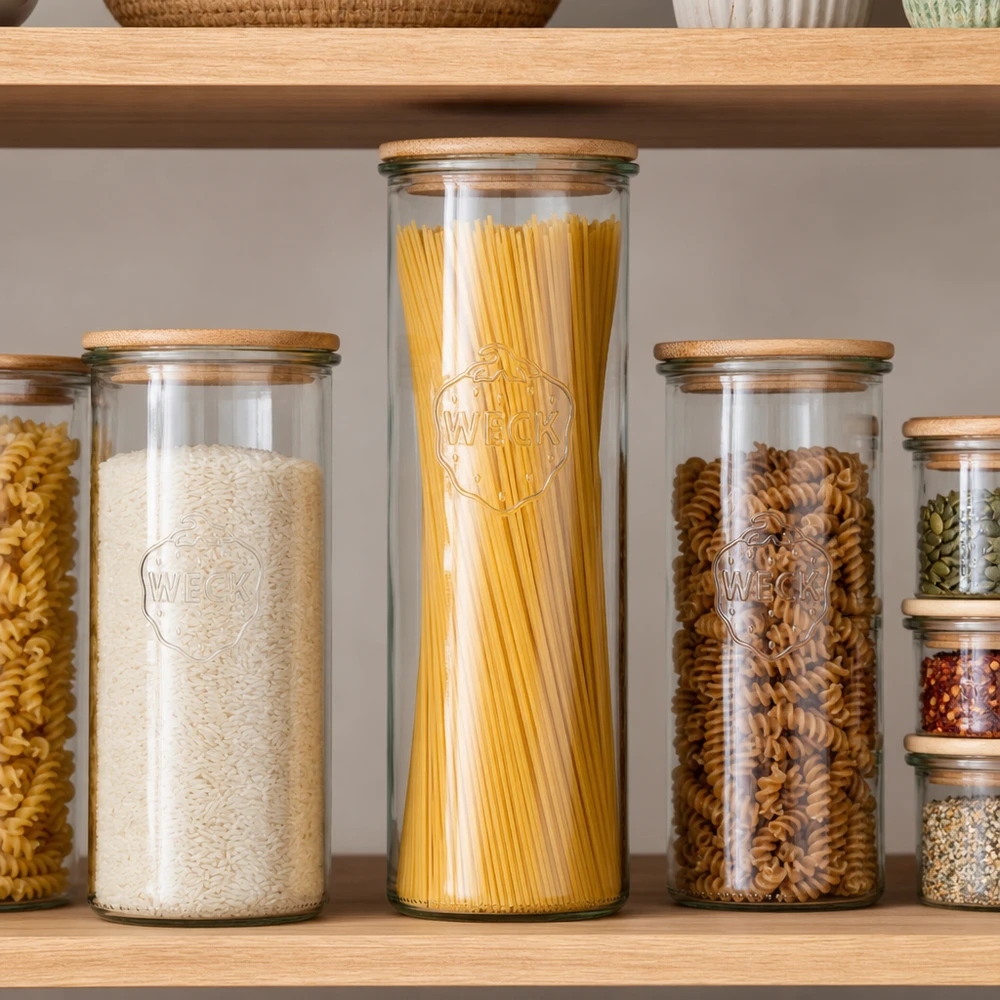 1500 ml Briller WECK RR100 med trælåg WECK opbevaringskrukke 1500 ml RR100 med trælåg til spaghetti ris nudler perfekt køkkenorganisation spisekammer