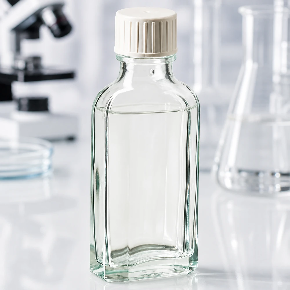 Lille rektangulær glasflaske på 50 ml med hvidt plastlåg i laboratoriet