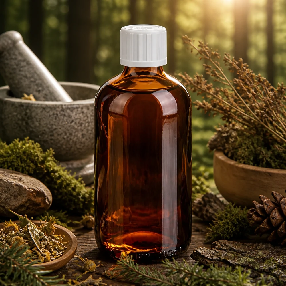 100 ml apotekerdråbeflaske af brunt glas med hvidt KiSi-låg i et naturtro skovmiljø