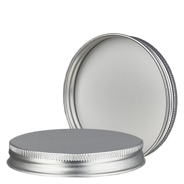 Metalskruelåg sølv, gevind 63mm/R3 ApoGlas. Farmaceutisk kvalitet fra EU-produktion. Til f.eks. 180 ml glaskrukke (art. 1002401).