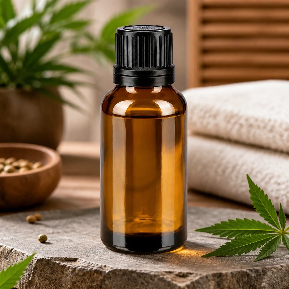 20 ml dråbeflaske af brunt glas med sort skruelåg ved siden af cannabisblade og hampfrø