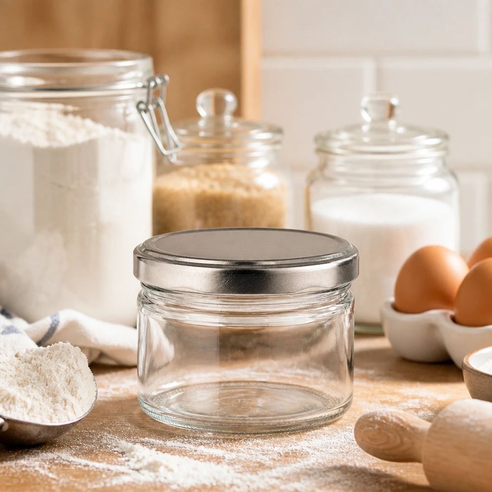 540 ml rund krukke + BasicSeal-låg sølvmat UNiTWIST 540 ml rund krukke tom med mat sølvlåg i køkkenet, bageingredienser mel æg, alsidig opbevaringskrukke