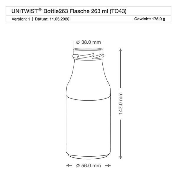 UNiTWIST Bottle263 - Flaske med kapacitet på 263 ml TO43 UNiTWIST Bottle263 glasflaske 263ml TO43 med målene 147mm højde 56mm diameter teknisk tegning