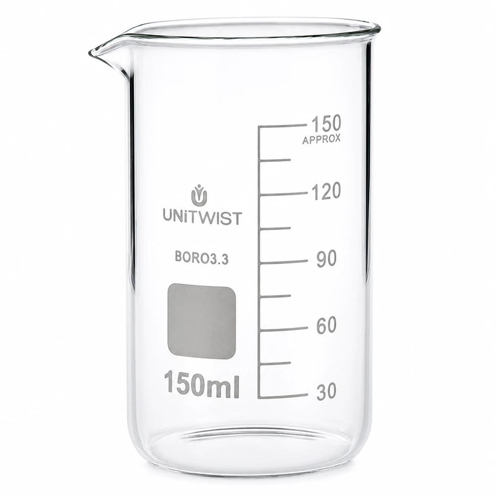 Bæger 150 ml borosilikat, høj form UNITWIST Becherglas, 150 ml, høj model, af borosilikatglas, gennemsigtigt, med milliliterskala, UNITWIST