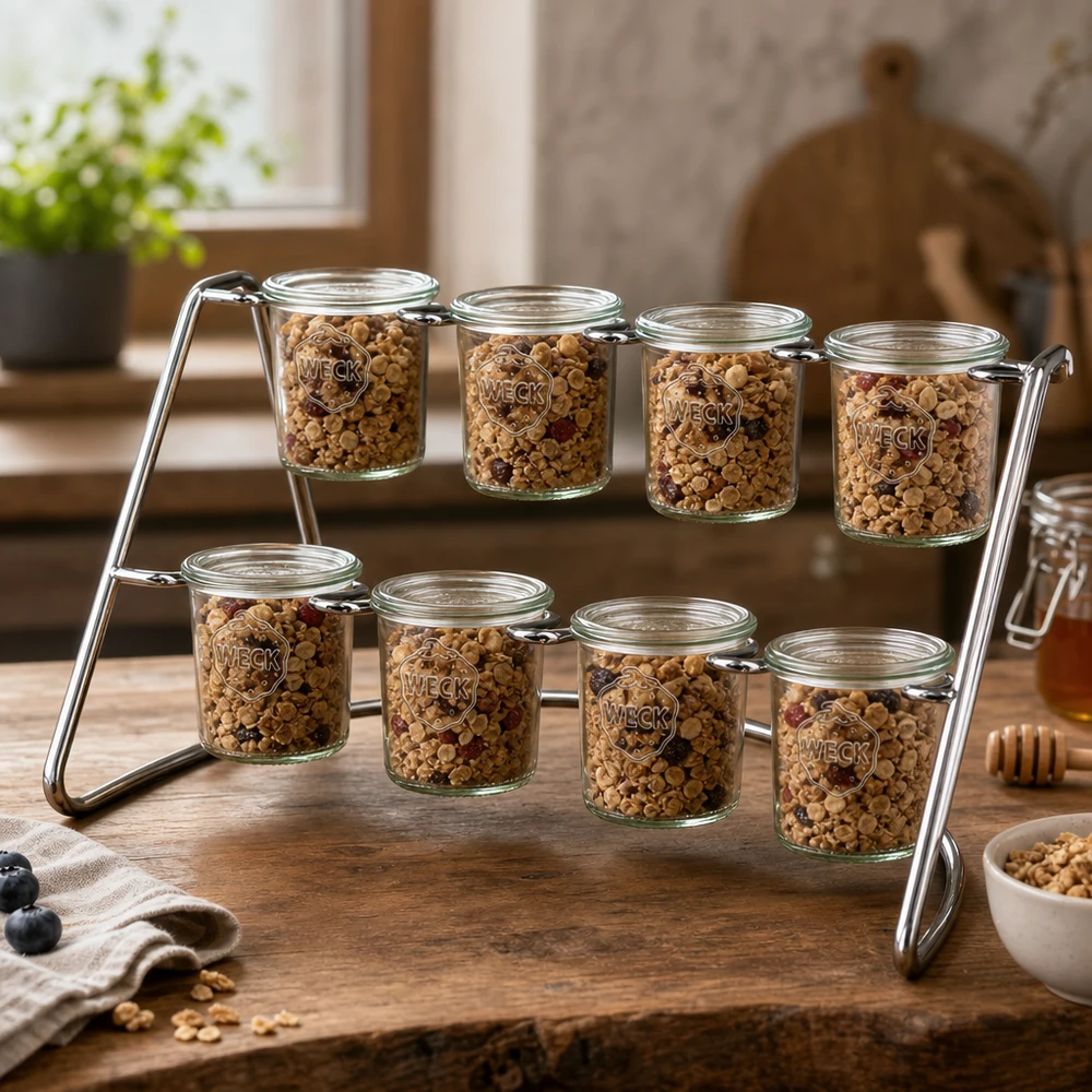Flato8-serveringsstativ til 8 WECK-glas WECK Serviergestell Flato8 mit Müsli und Nüssen gefüllt zeigt praktische Küchenorganisation auf Holztisch