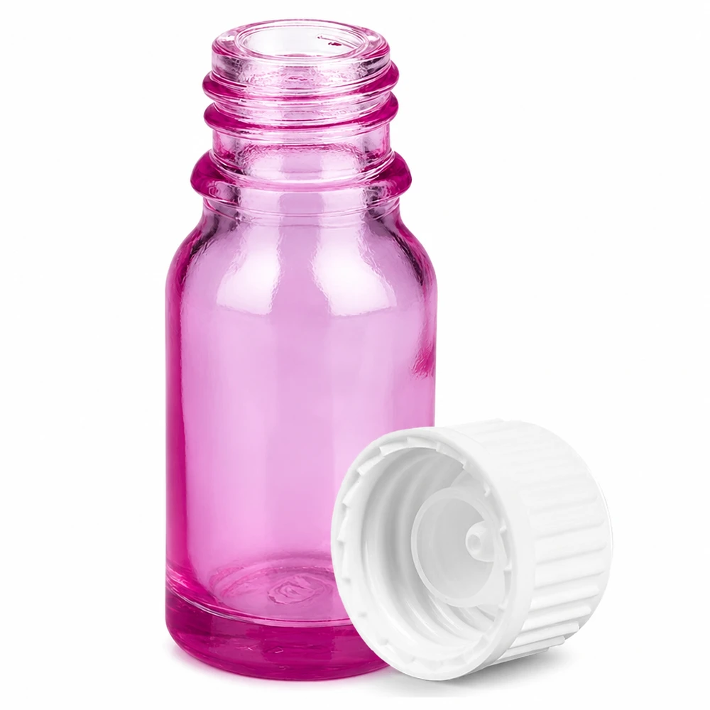 10 ml (kugle) flaske. 3 mm hældering hvid standard PurpleLine. UT18/10 Lille 10 ml glasflaske i lilla farve med praktisk skruelåg til aromaterapi