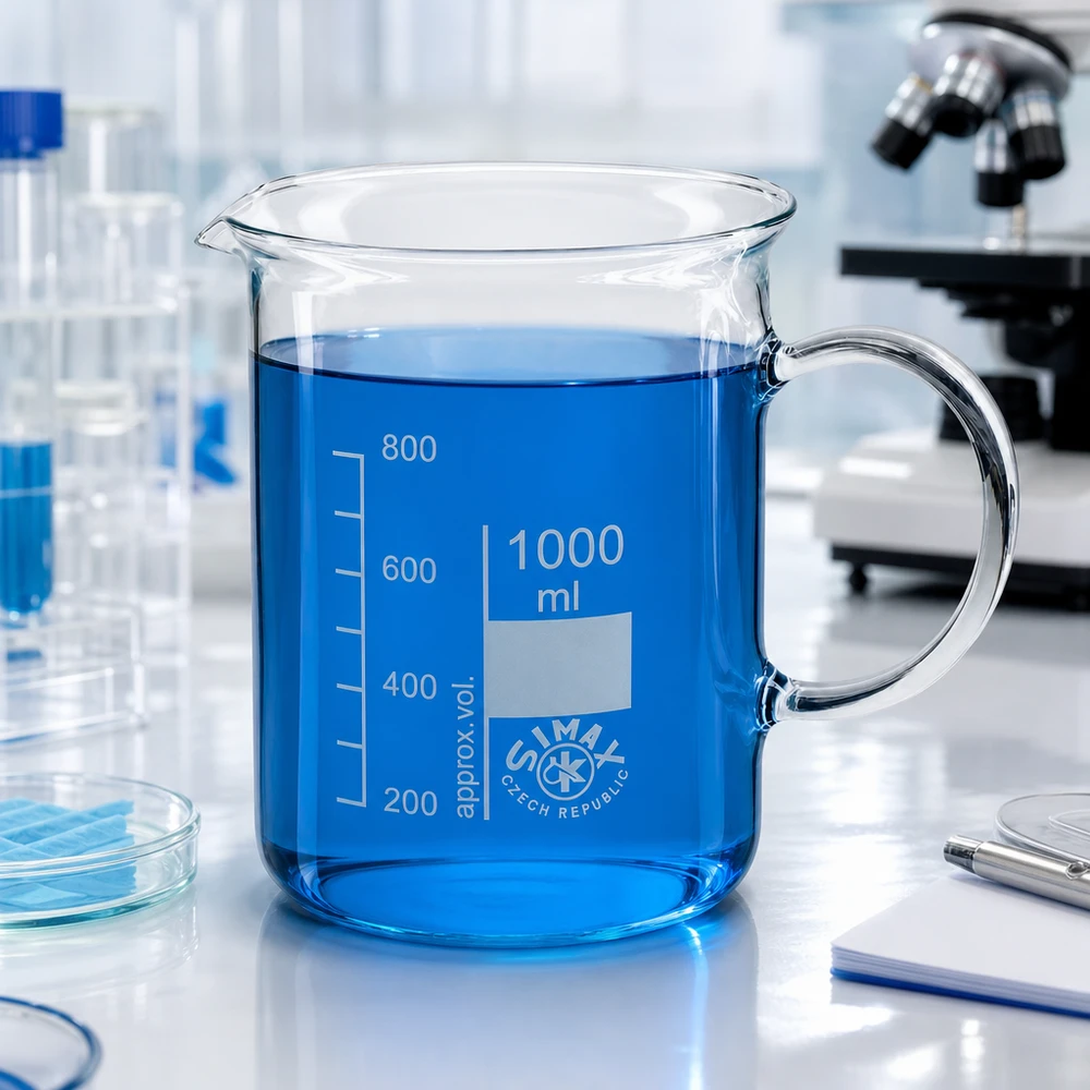 Bæger 1000 ml borosilikatglas, med håndtag Et 1000 ml bægerglas med blå væske og hank i et laboratoriemiljø