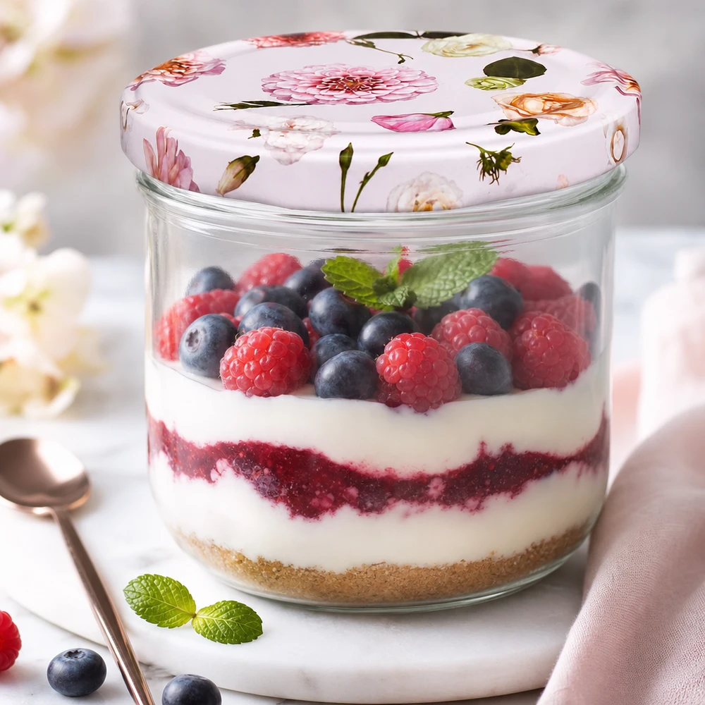 260 ml væltet glas + BasicSeal låg Blomst rosa UNiTWIST 260 ml murerbalje med blomsterlåg fyldt med bærdessert - eksempel på anvendelse af konserveringskrukke til opbevaring
