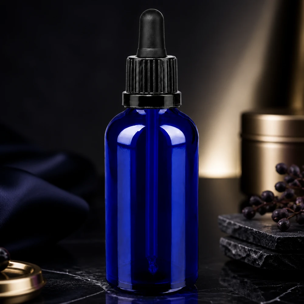 Premium glasflaske 50 ml med skridsikker sort pipettehætte til sikker håndtering